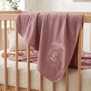 Custom Name Bow Wreath Embroidered Ribbed Bamboo Blanket