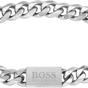 Edelstahl-Armband mit Kettengliedern, silberfarben, mit rechteckiger BOSS-Plakette