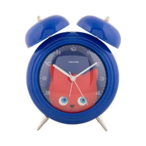 Blauer Wecker mit Katzenmotiv, beweglichen Augen, Doppelglocken-Design, Standfüße
