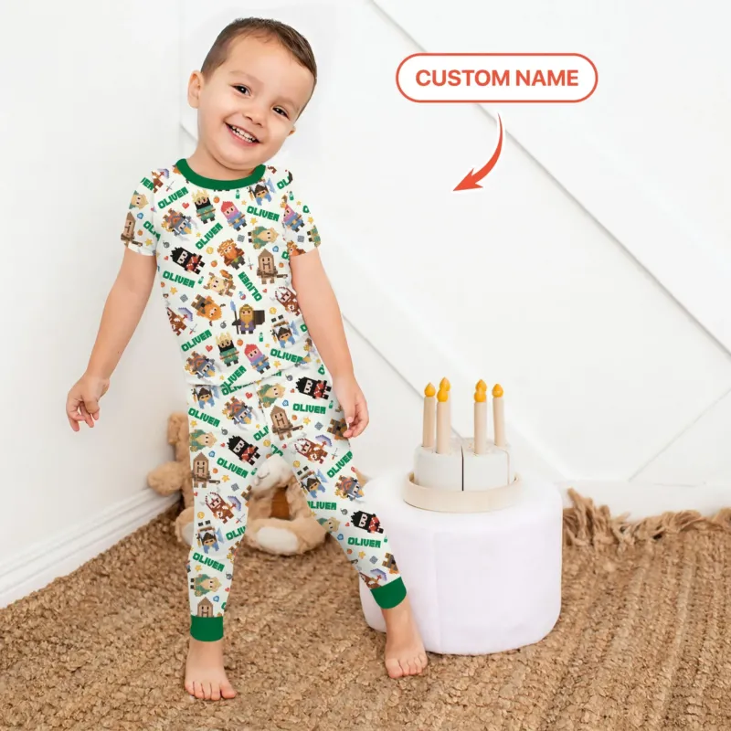 Blocky Buddy Squad Custom Name Bamboo Two Piece Short Sleeve Pajama Set
