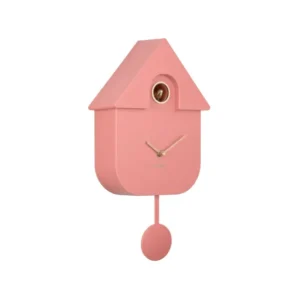 Roséfarbene Kuckucksuhr-Wanduhr im Hausdesign mit Pendel und rundem Uhrfenster