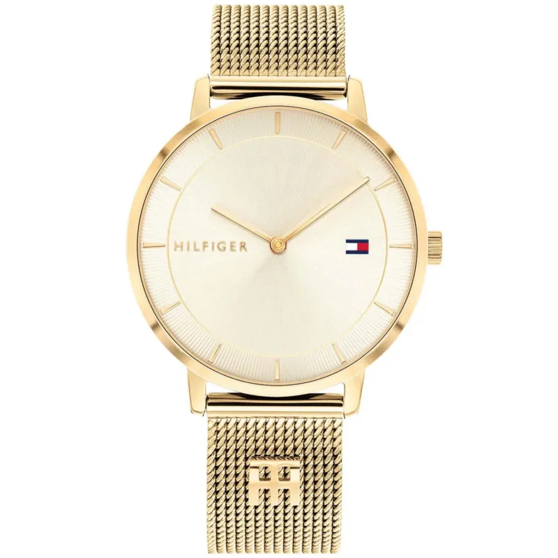 Tommy Hilfiger Damenarmbanduhr mit goldfarbenem Meshband und rundem hellem Zifferblatt