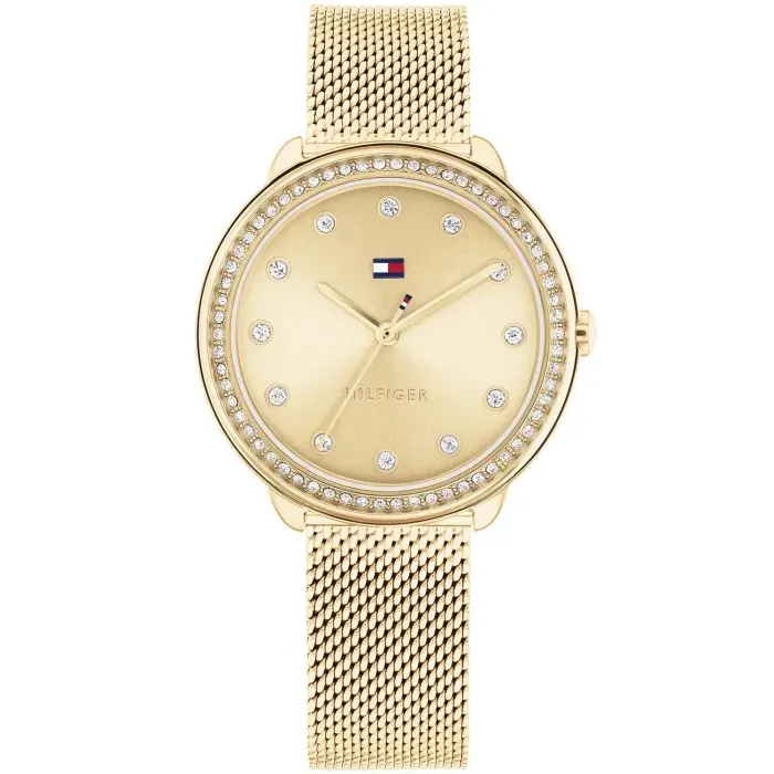 Tommy Hilfiger Damenarmbanduhr mit goldfarbenem Milanaiseband, runder Pavé-Lünette und beigem Zifferblatt