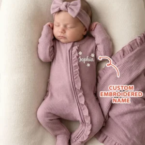 Custom Name With Daisy Embroidered Waffle Ruffle Bamboo Zipper Footie