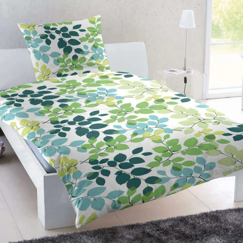 Baumwolle Seersucker Bettwäsche Weiß Grün Blüten 155x220 cm + 80x80 cm