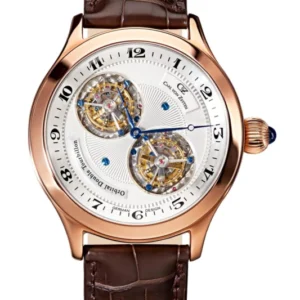Herrenarmbanduhr mit braunem Lederband, roségoldfarbener Lünette und Doppel-Tourbillon