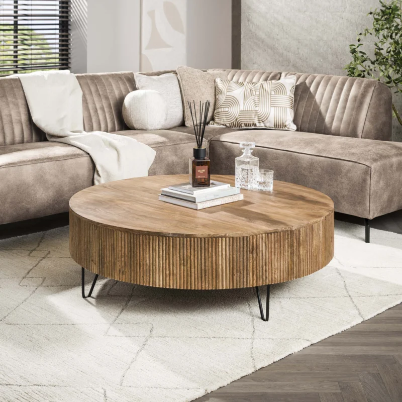 WAVE Couchtisch 120 rund massives Mangoholz Metallfüße schwarz