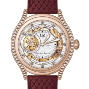 Damenarmbanduhr mit roségoldenem Gehäuse, funkelnder Lünette und violettem Lederband