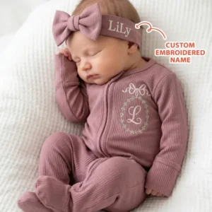 Custom Name Bow Wreath Embroidered Ribbed Bamboo Zipper Footie