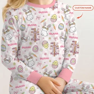 Custom Name Retro Easter Bamboo Two Piece Long Sleeve Pajama Set