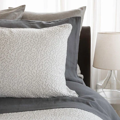 Athena Jacquard Sterling duvet cover in grey cotton-linen blend by St. Genève, Italian jacquard weave with Capri Grey backing and knife edge finish