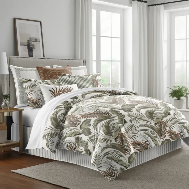 Frondosa COVERLET set with tropical palm fronds in vibrant greens and copper accents, handcrafted in Canada