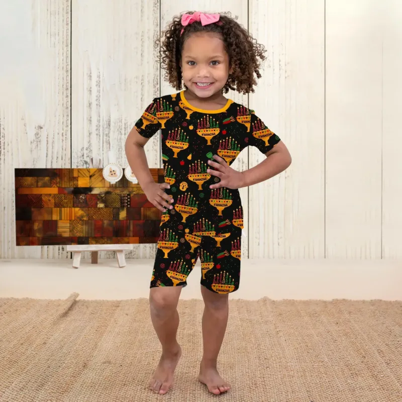 Kwanzaa Lights Bamboo Two Piece Short Sleeve Shorts Pajama Set