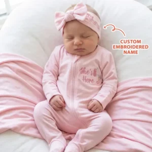 Personalized She's Here Embroidered Bamboo Zipper Footie