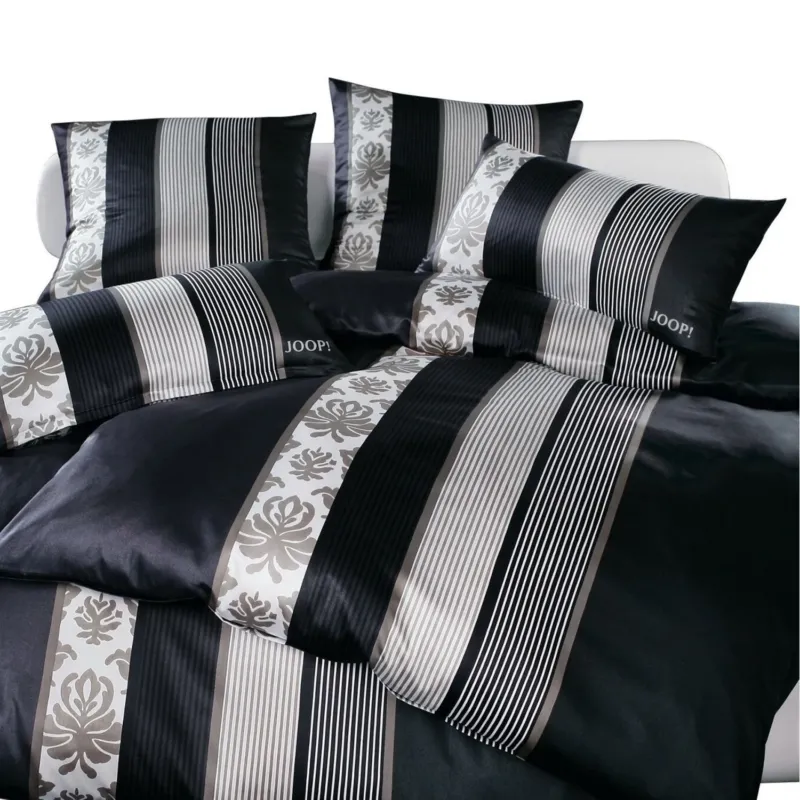 Bettwäsche Mako Satin Ornament Stripes Schwarz mit Stadtmotiv 155 x 220 cm