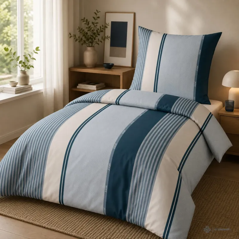 Bettwäsche Mako Satin Herringbone Stripes Blau mit Streifenmuster 135 x 200 cm