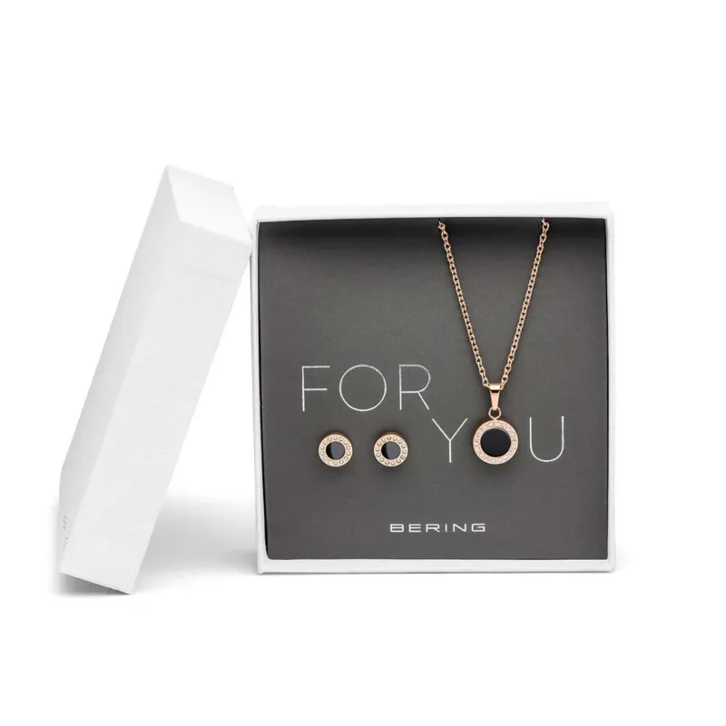 Schmuckset: Halskette und Ohrstecker, roségoldfarben, schwarze Anhänger-Elemente