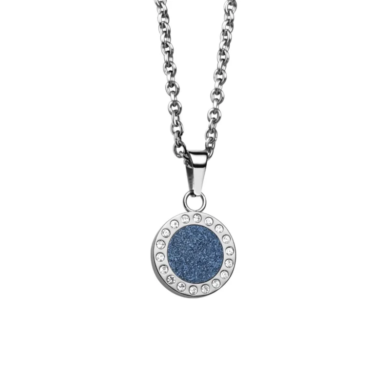 Halskette mit rundem Anhänger, blauem Glitzerfeld und funkelnden Schmucksteinen
