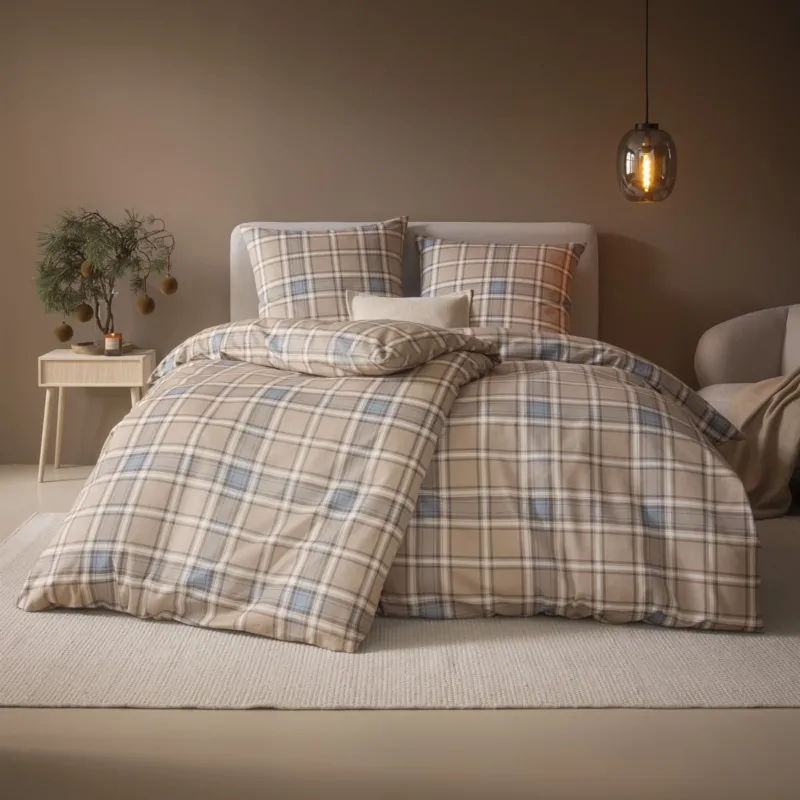 Bettwäsche Flanell Quirin Beige mit Karomuster 135 x 200 cm