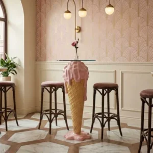 ICE CREAM Einzigartiger Bartisch 105cm beige rosa runde Tischplatte Glas handmade