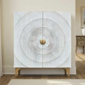 GOLDEN SUNSET Handgearbeitetes Highboard 120cm Weiß gold Mangoholz