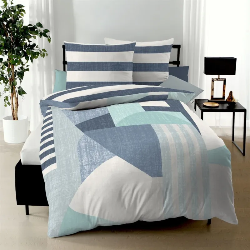 Bettwäsche Mako Satin Rising Sun Blau mit geometrischem Muster 135 x 200 cm, 155 x 220 cm