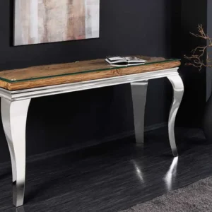 MODERN BAROCK Design Konsolentisch 140cm natur chrom Teakholz Edelstahl Glasplatte