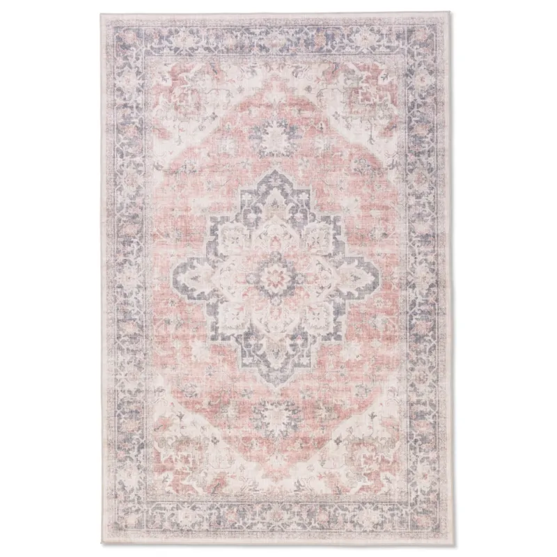 Flaire Premium Non-Slip Washable Rug – Blush Pink & Grey Persian Medallion Design