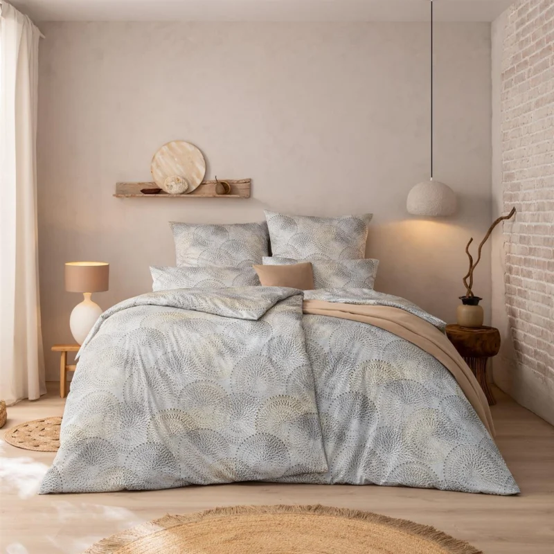 Bettwäsche Mako Satin Orion Grau mit Kreismuster 135 x 200 cm, 155 x 220 cm