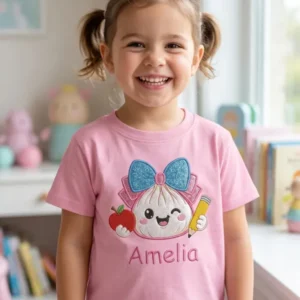 Custom Name School Sparkle Dumpling Applique Embroidered Bamboo Crewneck T-Shirt