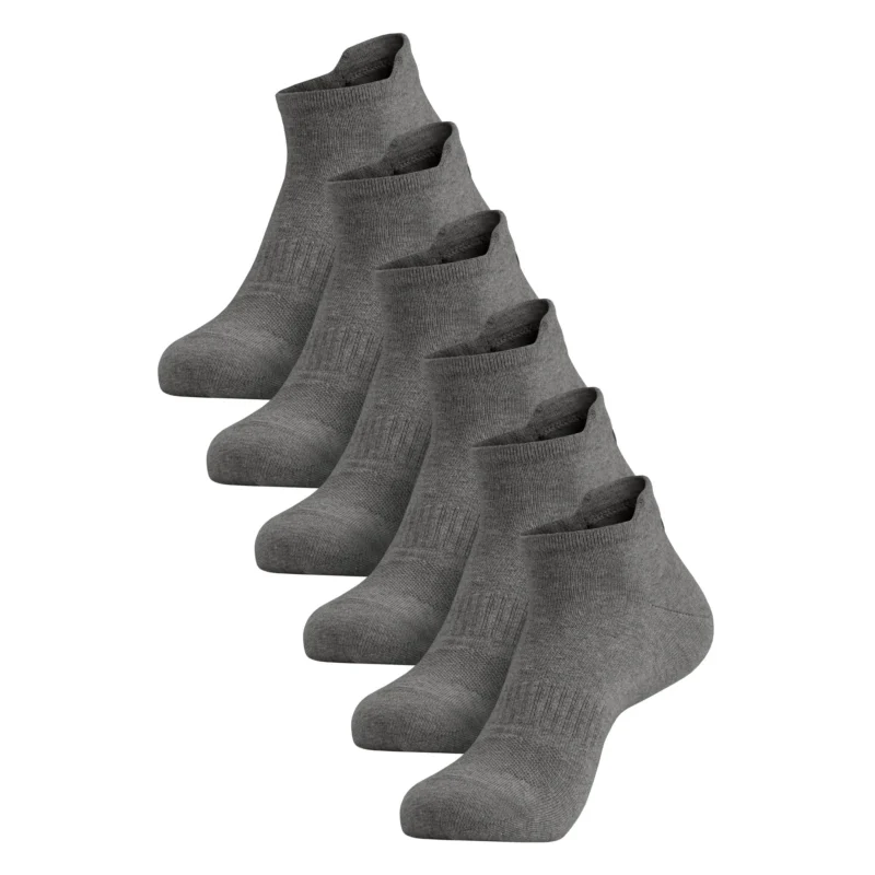 A six-pack of gray adult ankle socks arranged in a diagonal row against a white background.