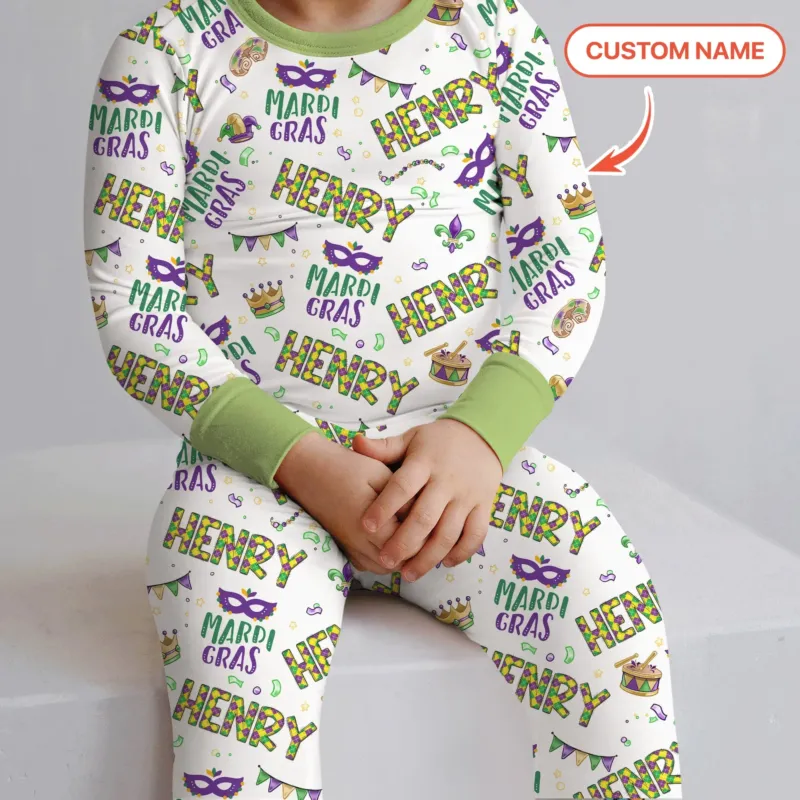 Custom Name Make your own Mardi Gras Bamboo Two Piece Long Sleeve Pajama Set