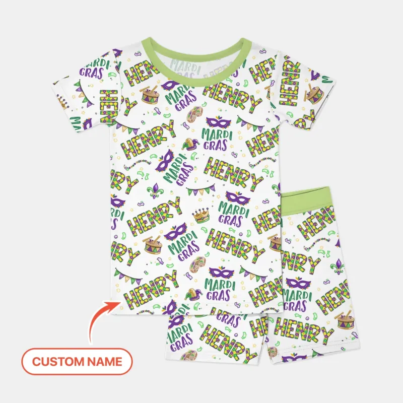 Custom Name Make your own Mardi Gras Bamboo Two Piece Short Sleeve Shorts Pajama Set