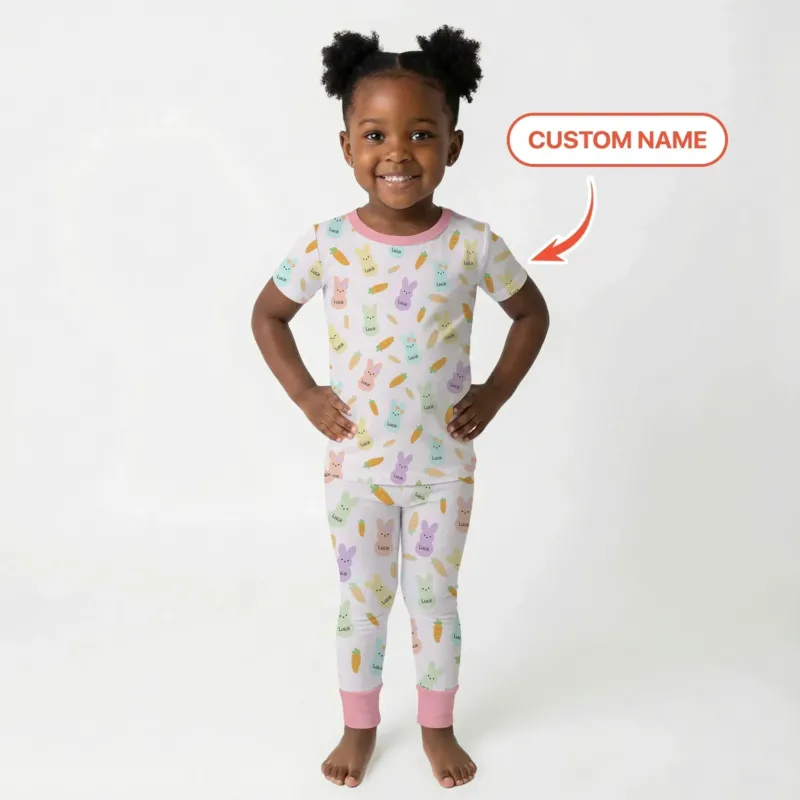 Custom Name Easter Bunny Bamboo Two Piece Short Sleeve Pajama Set