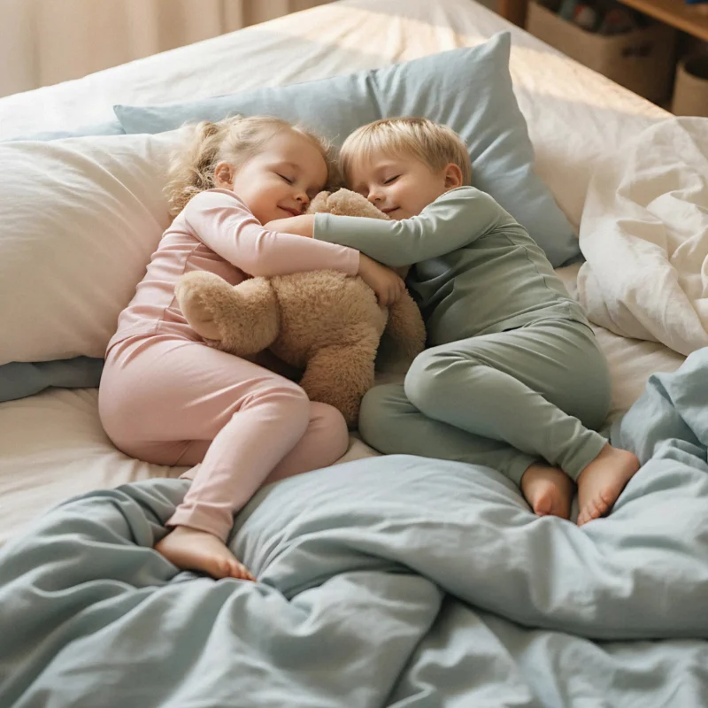 Two children in soft pajamas cuddling a teddy bear while sleeping on a bed with light blue bedding.
