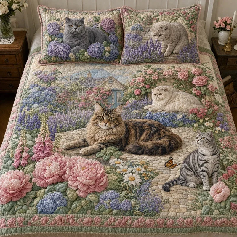 Blossom Path Cats Bamboo Quilt Bedding Set