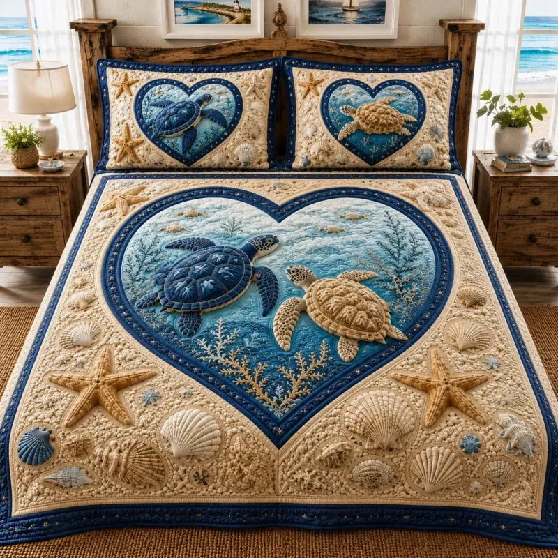 Blue Turtle Bamboo Quilt Bedding Set