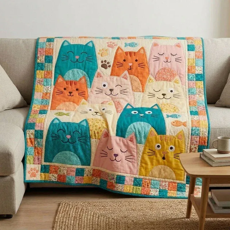 Boho Geometric Cats Bamboo Quilt Blanket