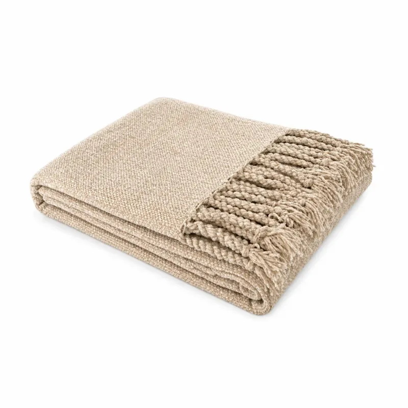 Winter Kuscheldecke mit Fransen » Chenille Wolldecke » Wohndecke im Boho Style » Couchdecke 130x170cm » creme-braune Decke