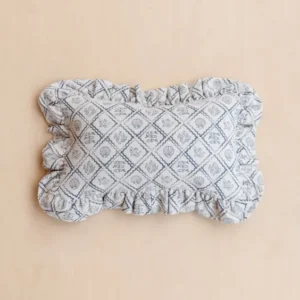 TBCo Cotton Cushion Cover in Blue Trinket with ruffled edges and delicate blue motif on soft cotton fabric