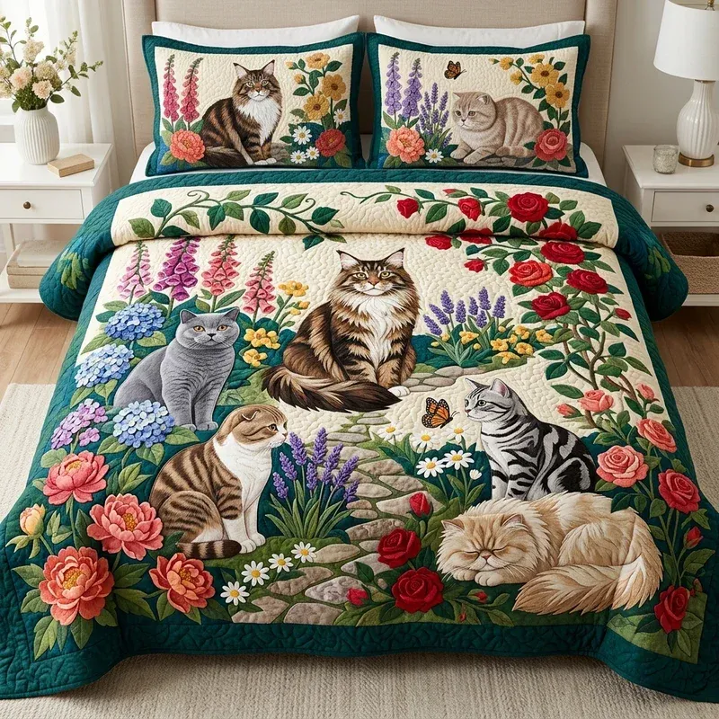 Cat Gathering Bamboo Quilt Bedding Set