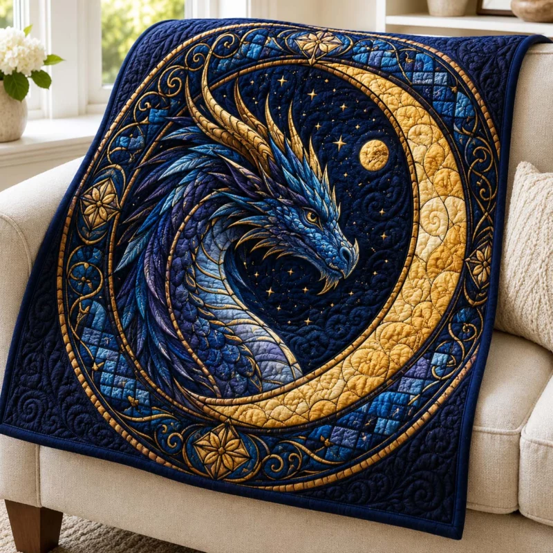 Celestial Blue Dragon Crescent Moon Bamboo Quilt Blanket