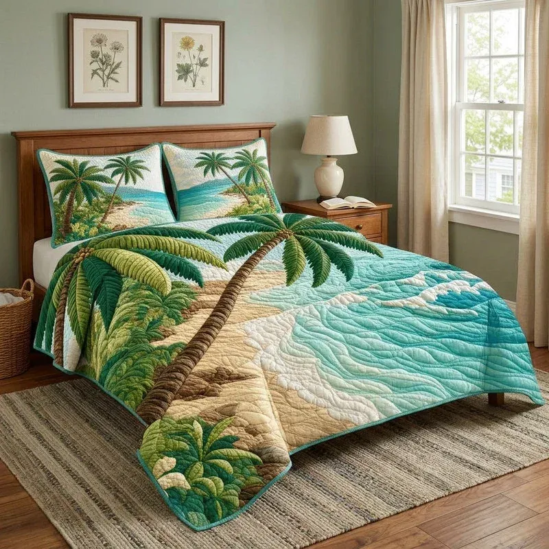 Coconut Tree Island Bamboo Quilt Bedding Set