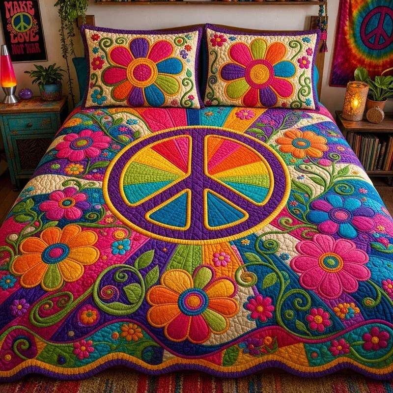 Colorful Flower Peace Sign Bamboo Quilt Bedding Set
