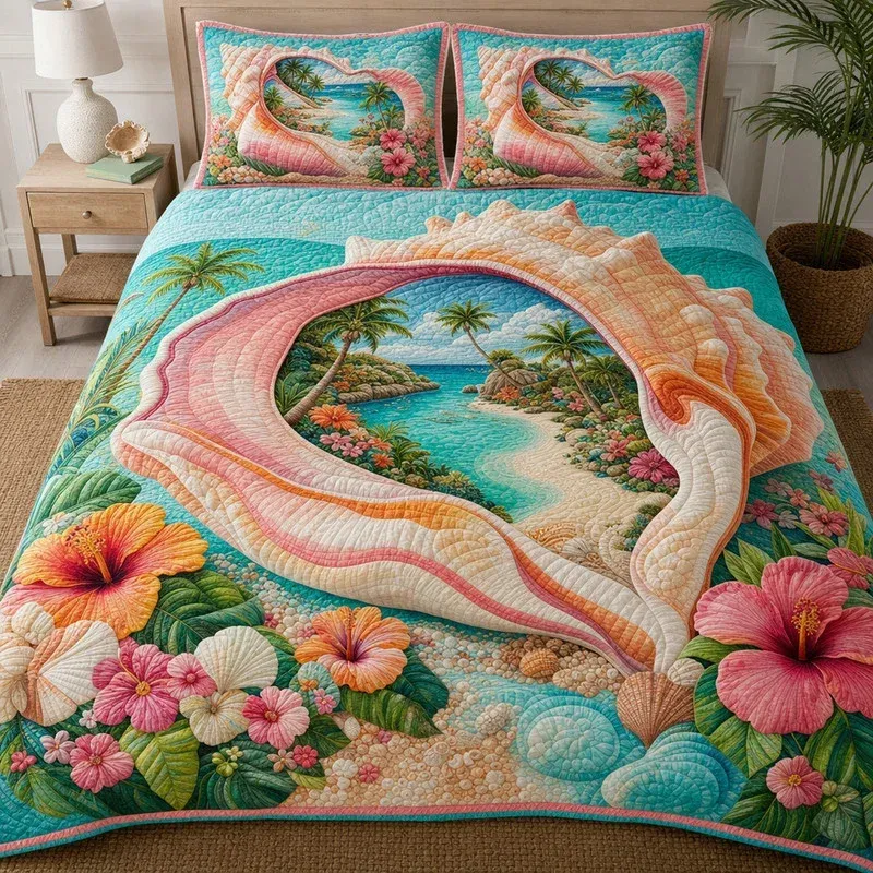 Conch Shell Tropical Bamboo Quilt Bedding Set