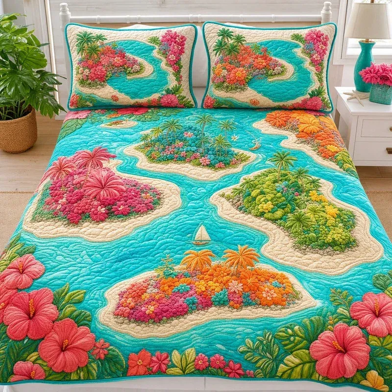 Coral Atoll Tropical Bamboo Quilt Bedding Set