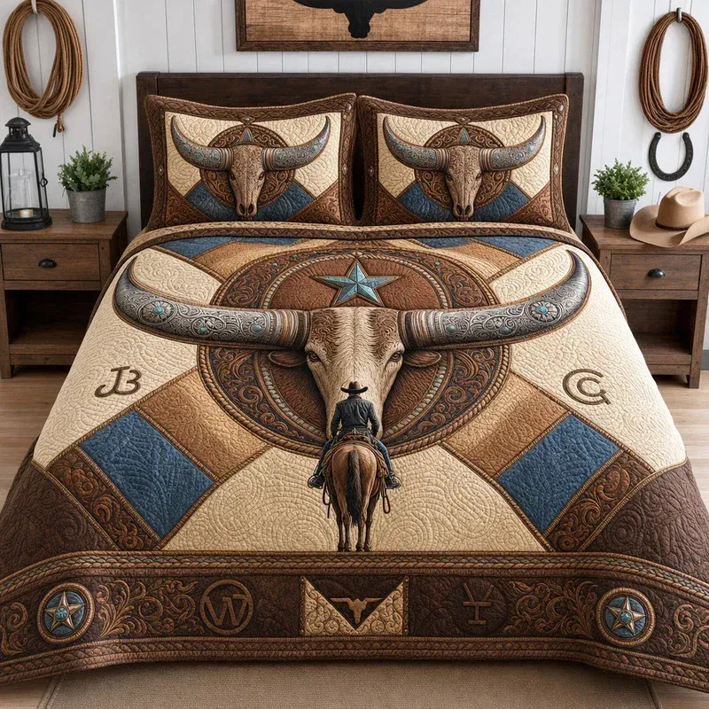 Cowboy Rider Longhorn Bamboo Quilt Bedding Set