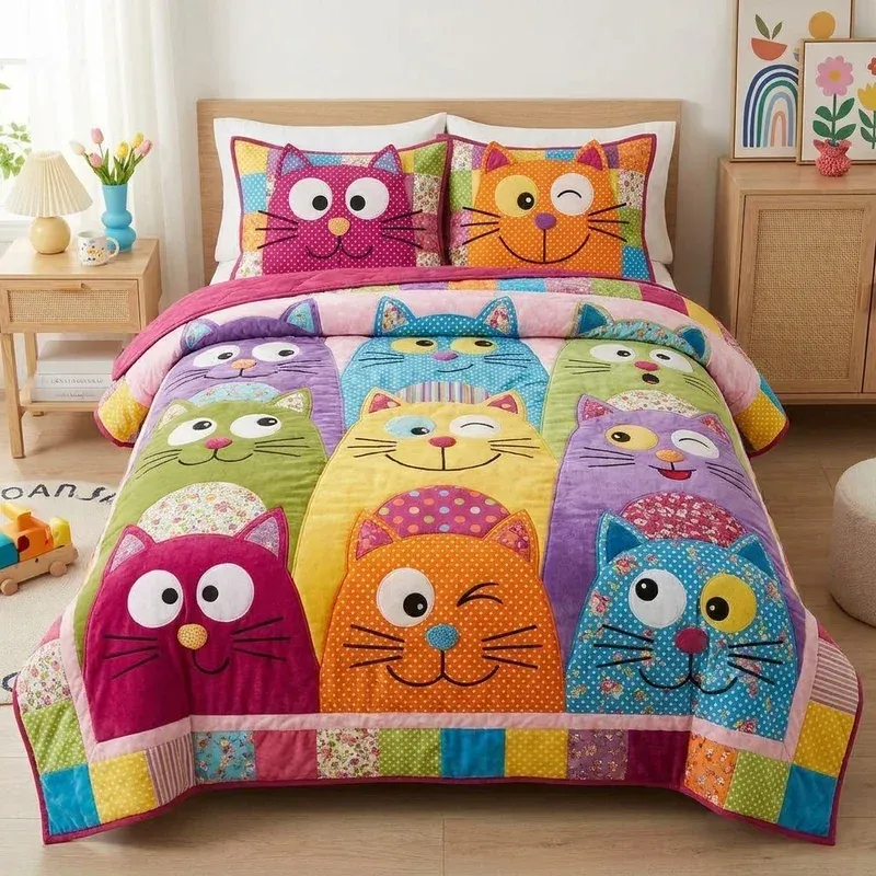 Cozy Dress-Up Kittens Bamboo Quilt Bedding Set