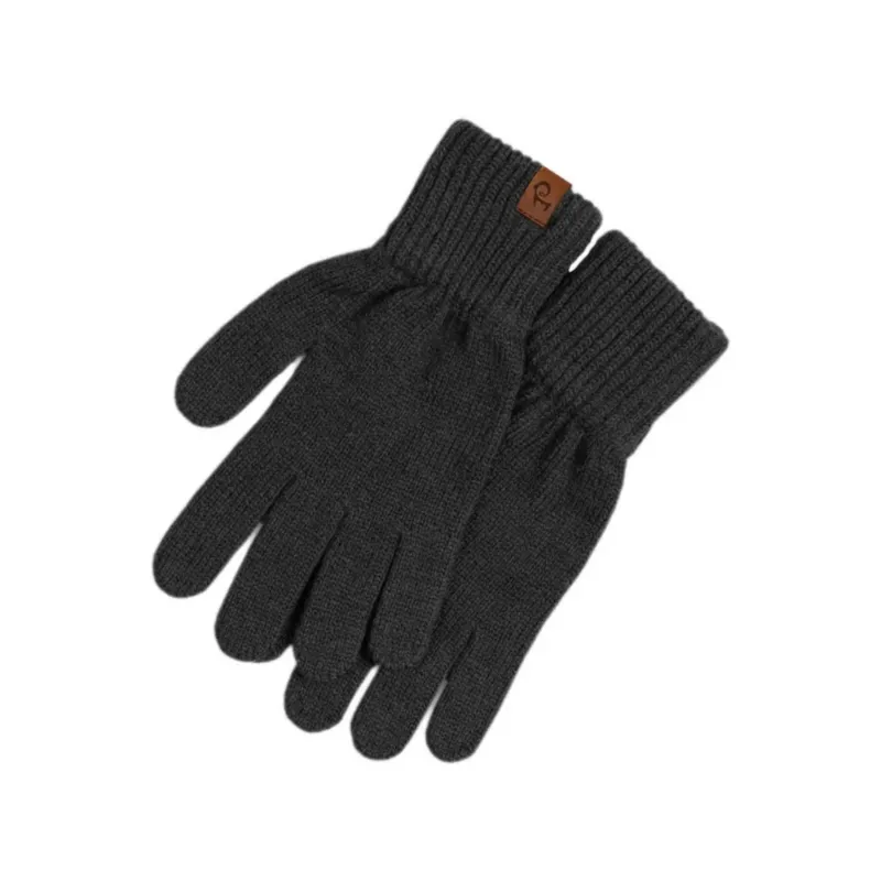 A pair of menique brand dark gray knit gloves with ribbed cuffs. A small, rectangular tan leather tag with the "menique" logo is visible on the cuff of the left glove. The gloves are laid flat against a white background.