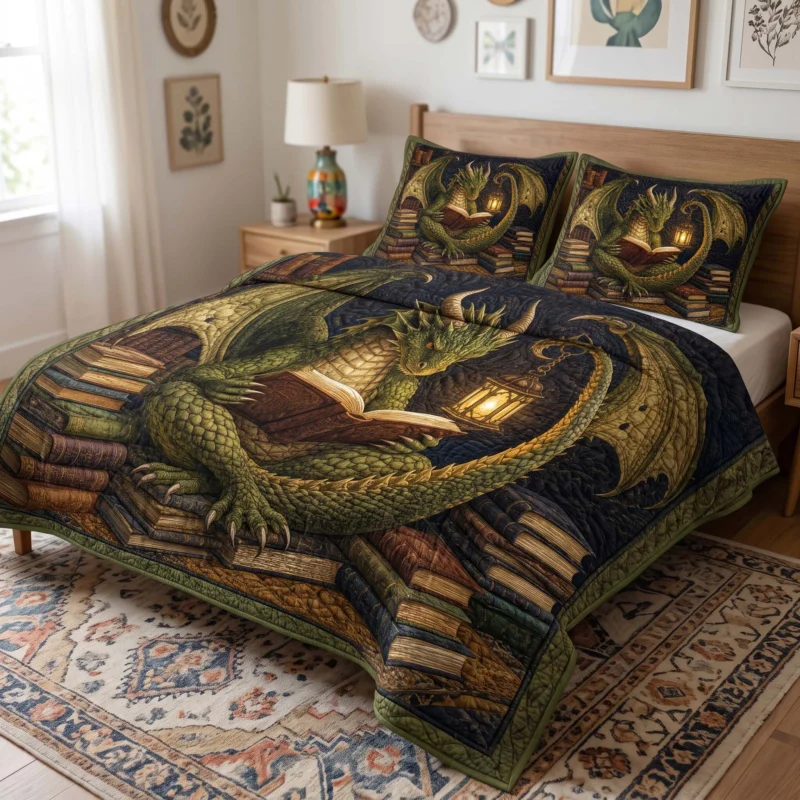 Emerald Dragon Ancient Library Bamboo Quilt Bedding Set